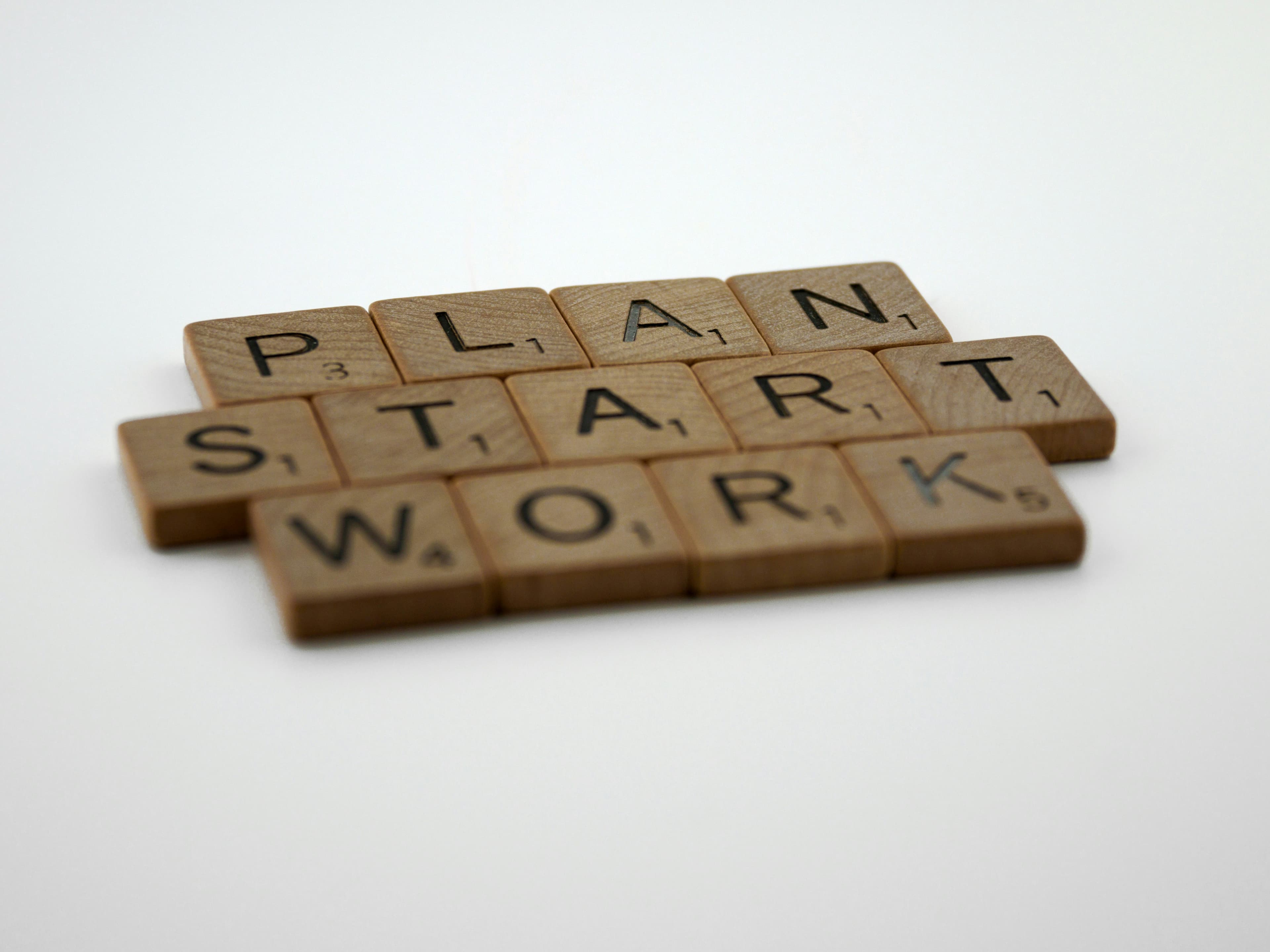 Scrabble tiles that say Plan Start Work
