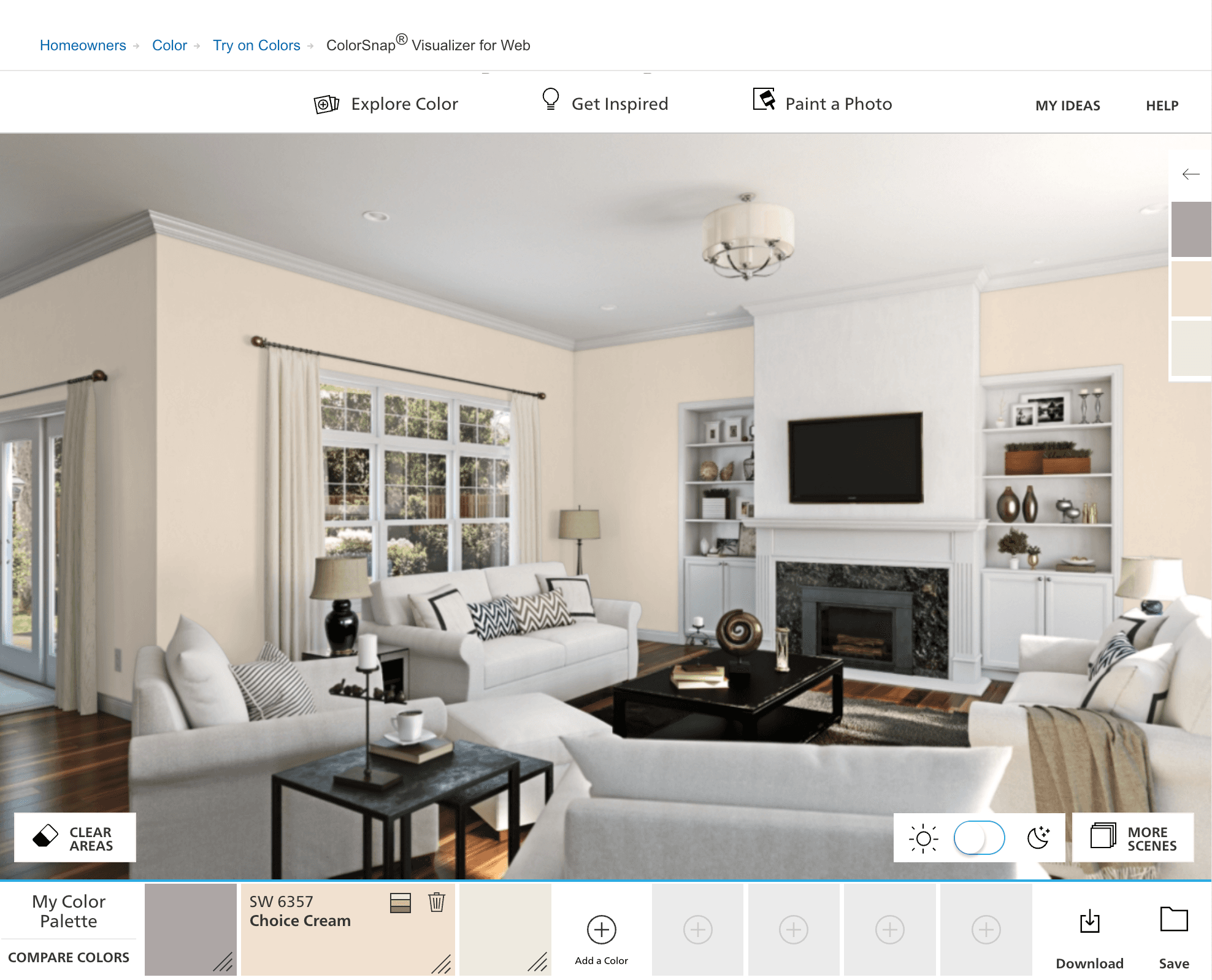 colorsnap screenshot - tool being used to choose colors for living room