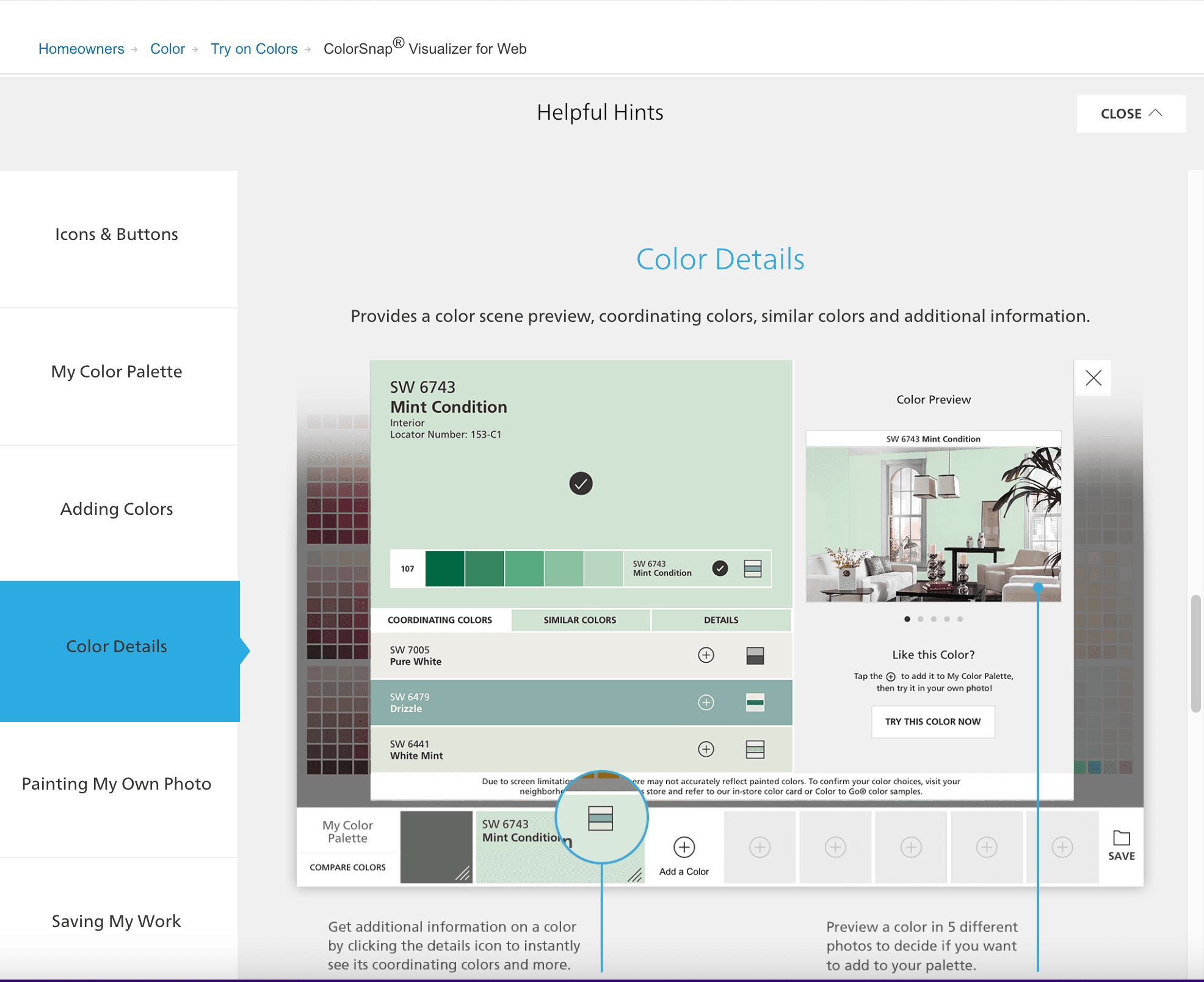 frame showing user interface of colorsnap tool