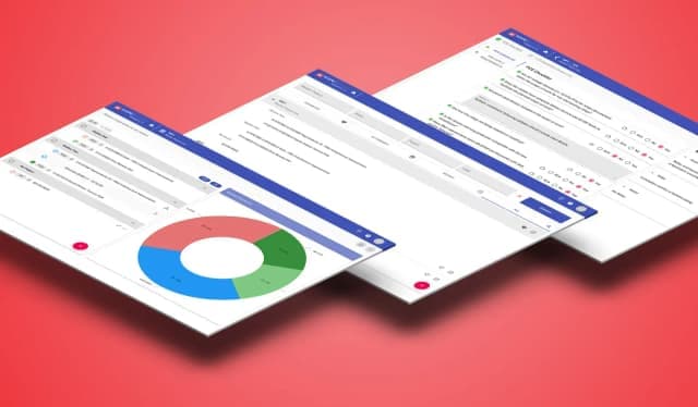 shots of an application with a red graphic background