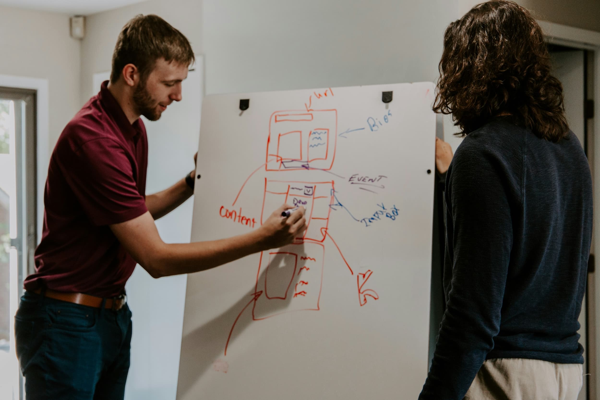 two people at a whiteboard solving a problem
